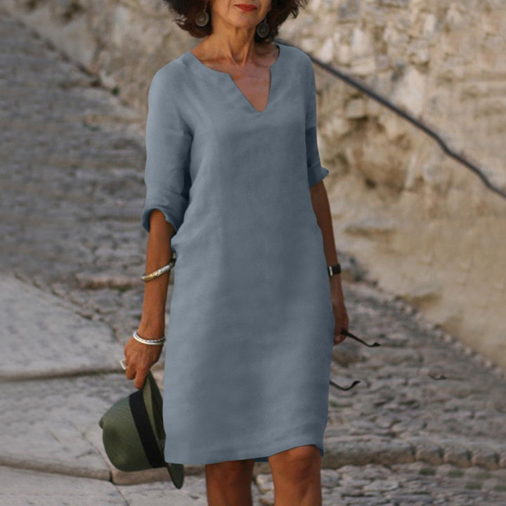 Luigia | Sommerkleid für Damen mit Bauchbedeckung, V-Ausschnitt und 3/4-Ärmeln