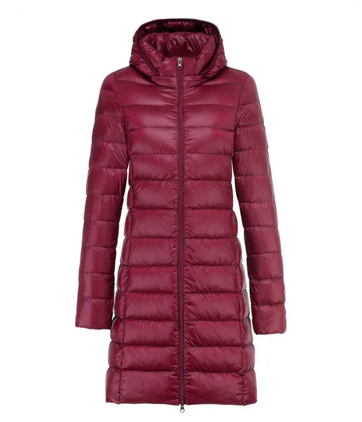 Sarah | Ultraleichte Lange Jacke für Damen mit Kapuze und langen Ärmeln