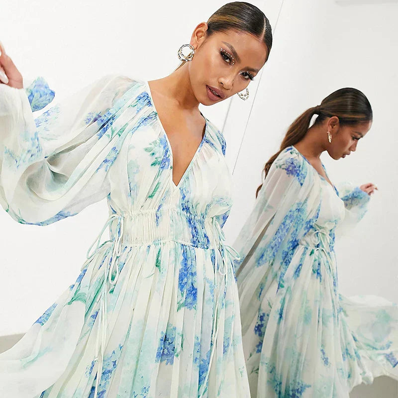 Nora | Blaues Ozean Maxi Kleid für Damen mit V-Ausschnitt und langen Ärmeln