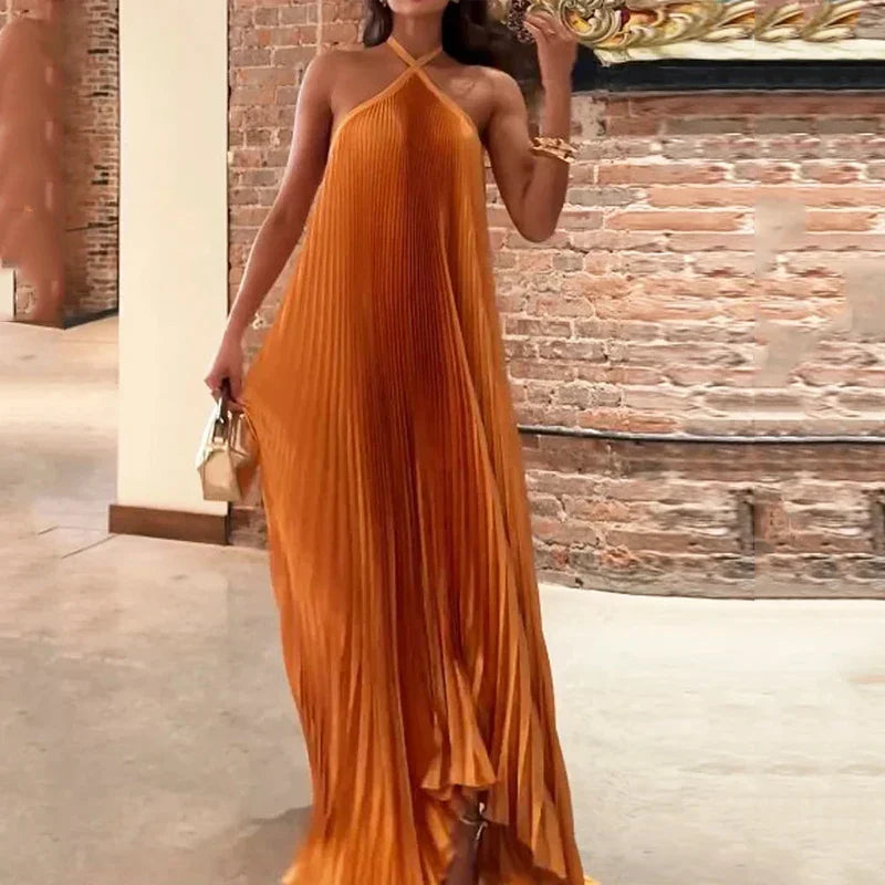 Mira | Schickes Plissiertes Maxikleid für Damen mit Halterneck