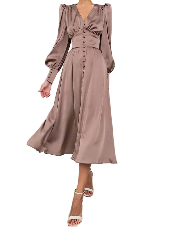 Hannah | Damen-Midikleid mit V-Ausschnitt und Knopfleiste