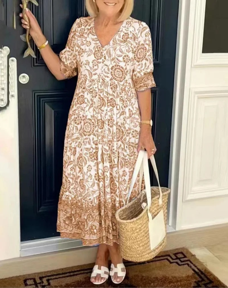 ARIA | Elegantes Blumenkleid mit V-Ausschnitt und langen Ärmeln