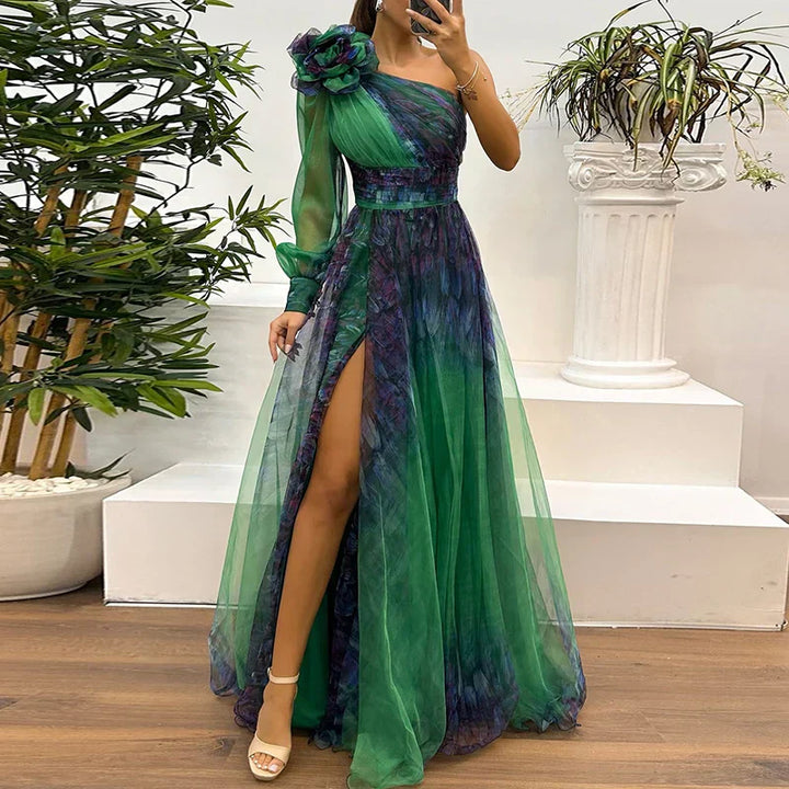 Sienna | Trendy Maxikleid für Damen mit einem Schulter und Netzdruck