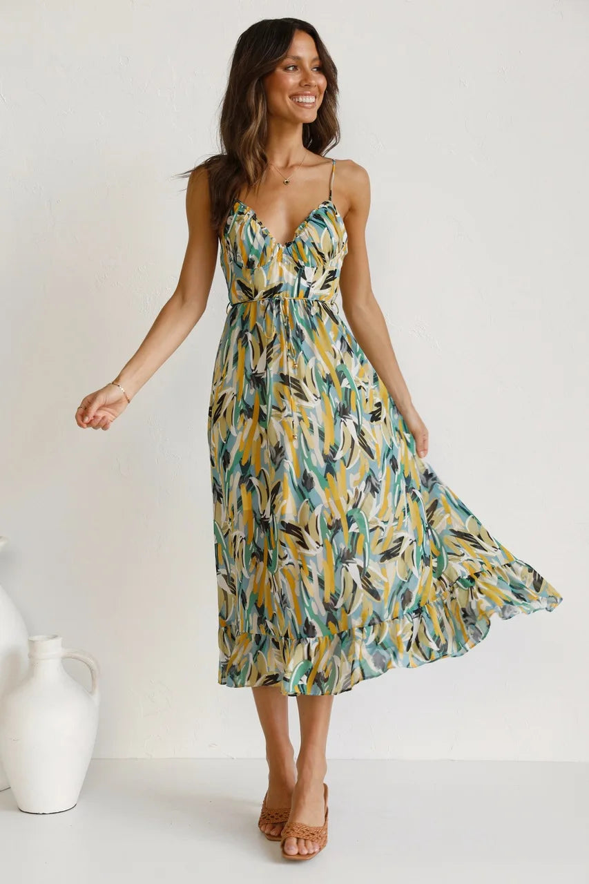 Lily | Elegantes Midikleid für Damen mit V-Ausschnitt und Spaghettiträgern