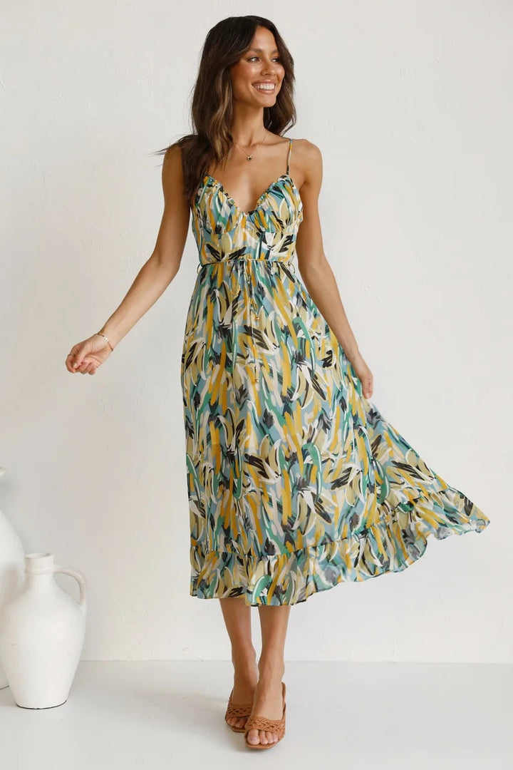 Lily | Elegantes Midikleid für Damen mit V-Ausschnitt und Spaghettiträgern