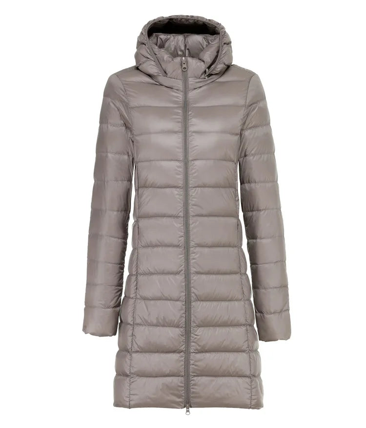 Sarah | Ultraleichte Lange Jacke für Damen mit Kapuze und langen Ärmeln