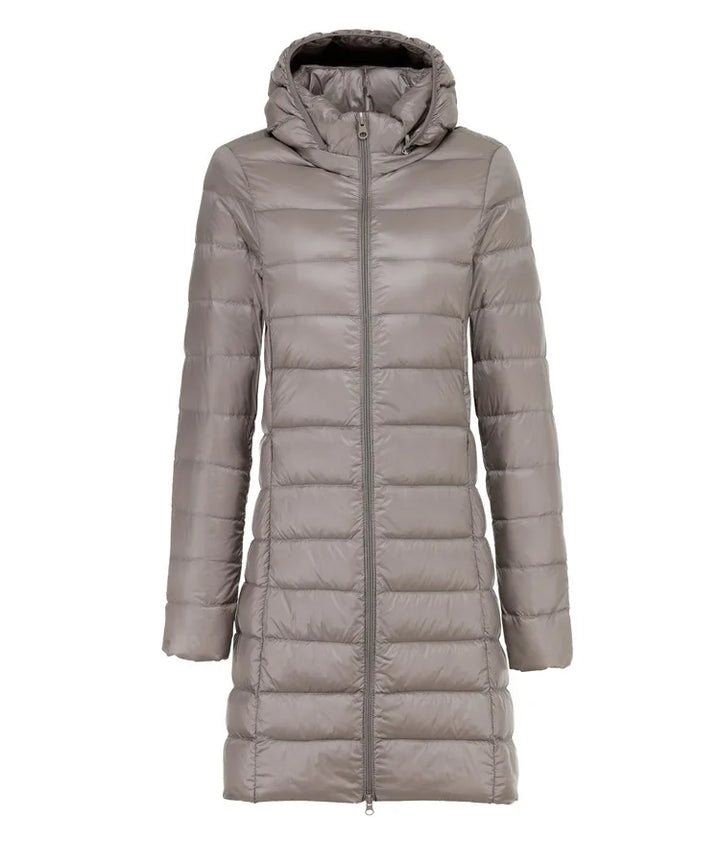 Sarah | Ultraleichte Lange Jacke für Damen mit Kapuze und langen Ärmeln