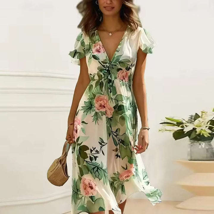 Nirella | Floral Breeze Midikleid für Damen mit V-Ausschnitt und kurzen Ärmeln