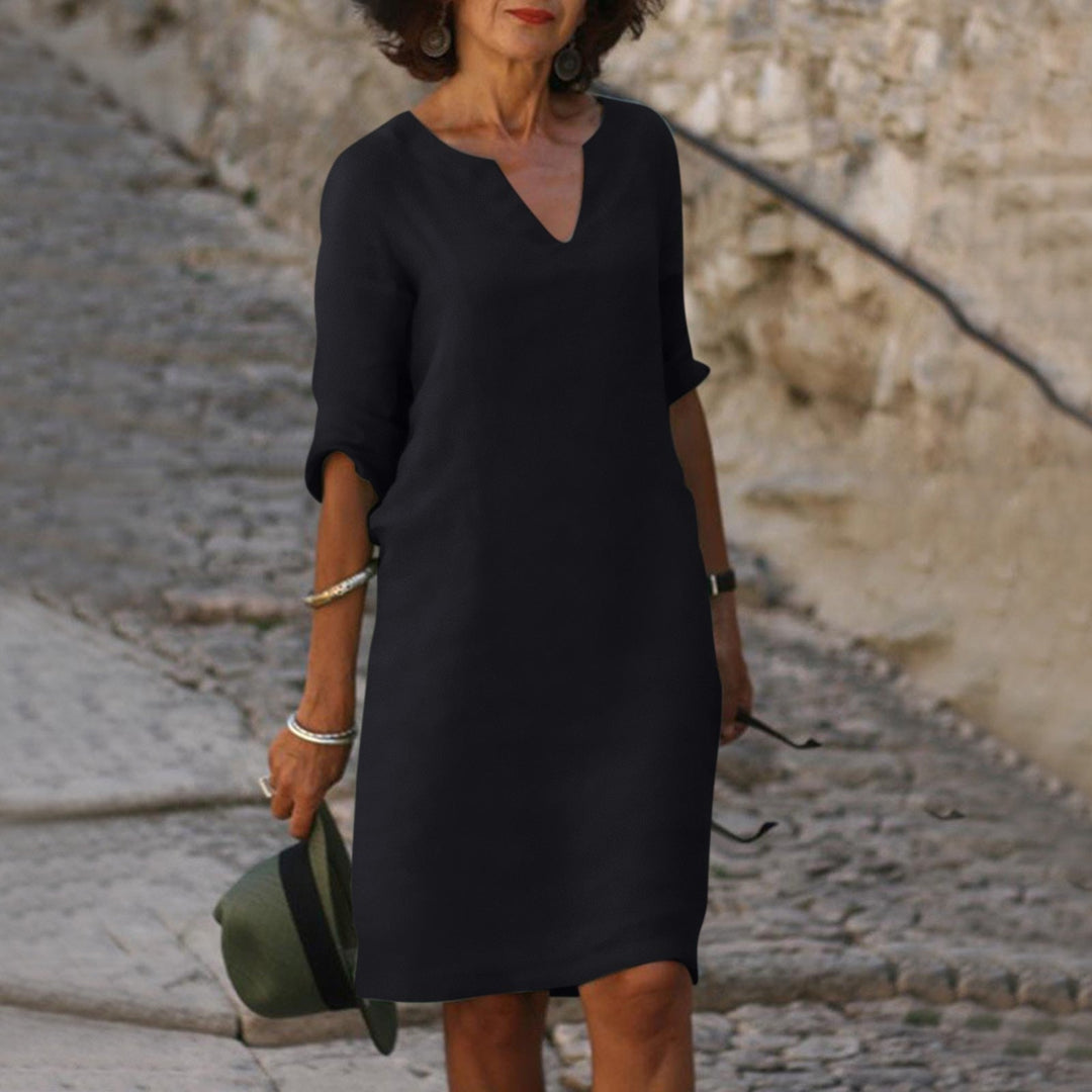 Luigia | Sommerkleid für Damen mit Bauchbedeckung, V-Ausschnitt und 3/4-Ärmeln