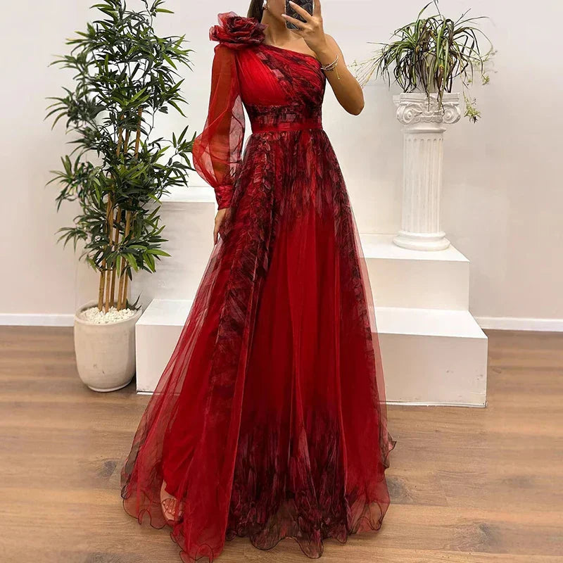 Sienna | Trendy Maxikleid für Damen mit einem Schulter und Netzdruck