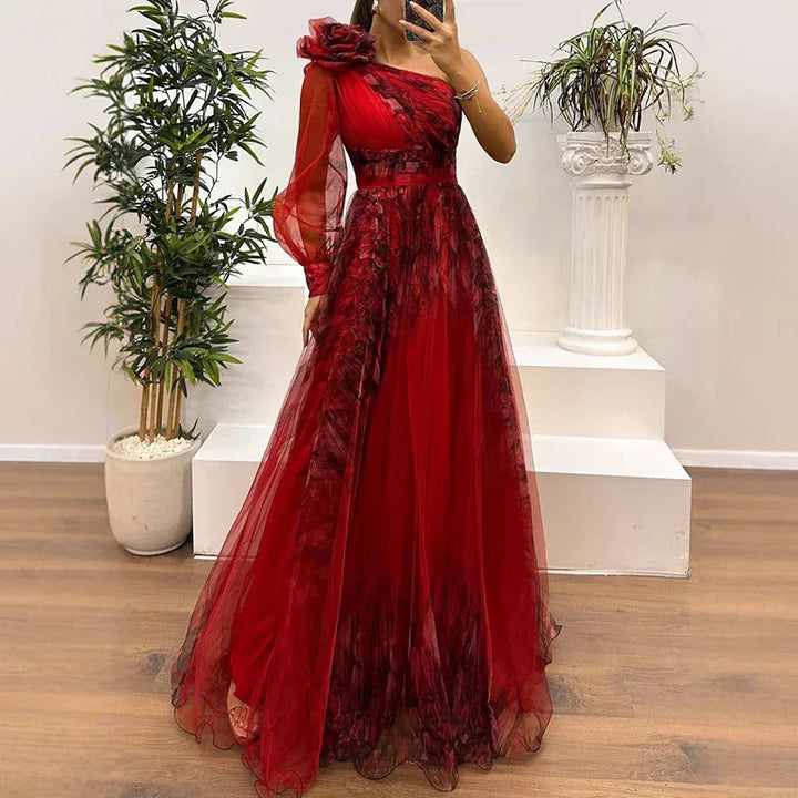 Sienna | Trendy Maxikleid für Damen mit einem Schulter und Netzdruck