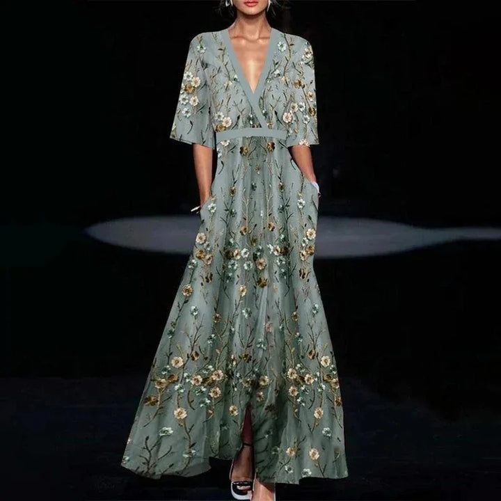 Sofia | Elegantes Maxikleid für Damen mit V-Ausschnitt und kurzen Ärmeln