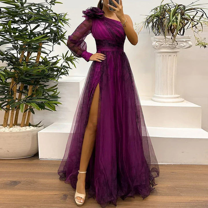 Sienna | Trendy Maxikleid für Damen mit einem Schulter und Netzdruck