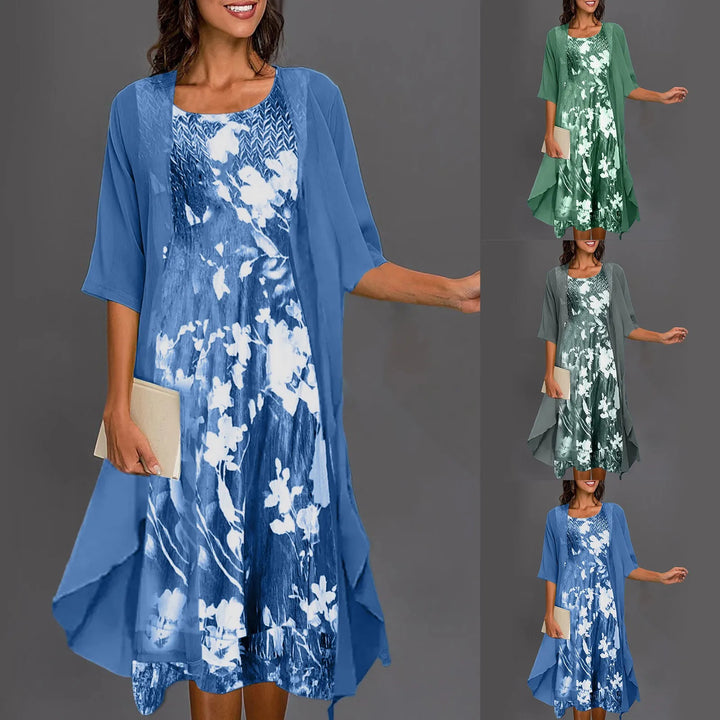 Anita | Anmutiges Midikleid Set für Damen mit Blumenmuster und Rundhalsausschnitt