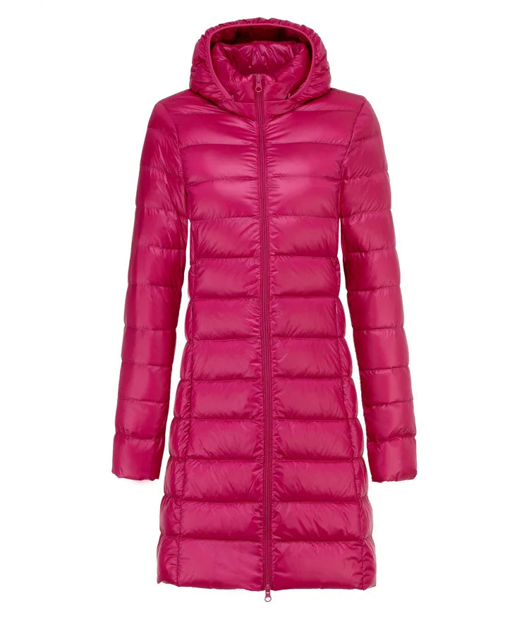 Sarah | Ultraleichte Lange Jacke für Damen mit Kapuze und langen Ärmeln