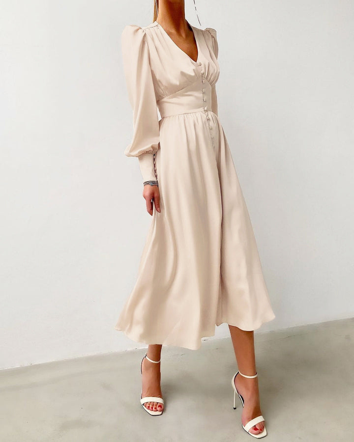 Hannah | Damen-Midikleid mit V-Ausschnitt und Knopfleiste