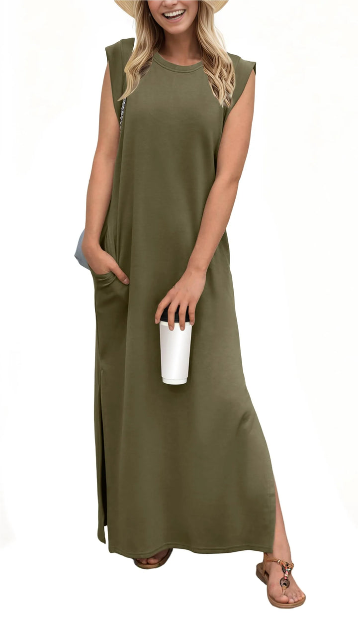 Denise | Lässiges, lockeres, aufgespaltenes, knitterfreies Maxikleid für Damen
