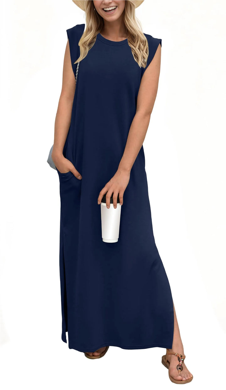 Denise | Lässiges, lockeres, aufgespaltenes, knitterfreies Maxikleid für Damen