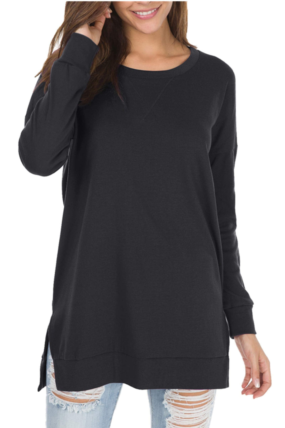 Violett | Langärmelige Seitlich Geschlitzte Lockere Tops für Damen