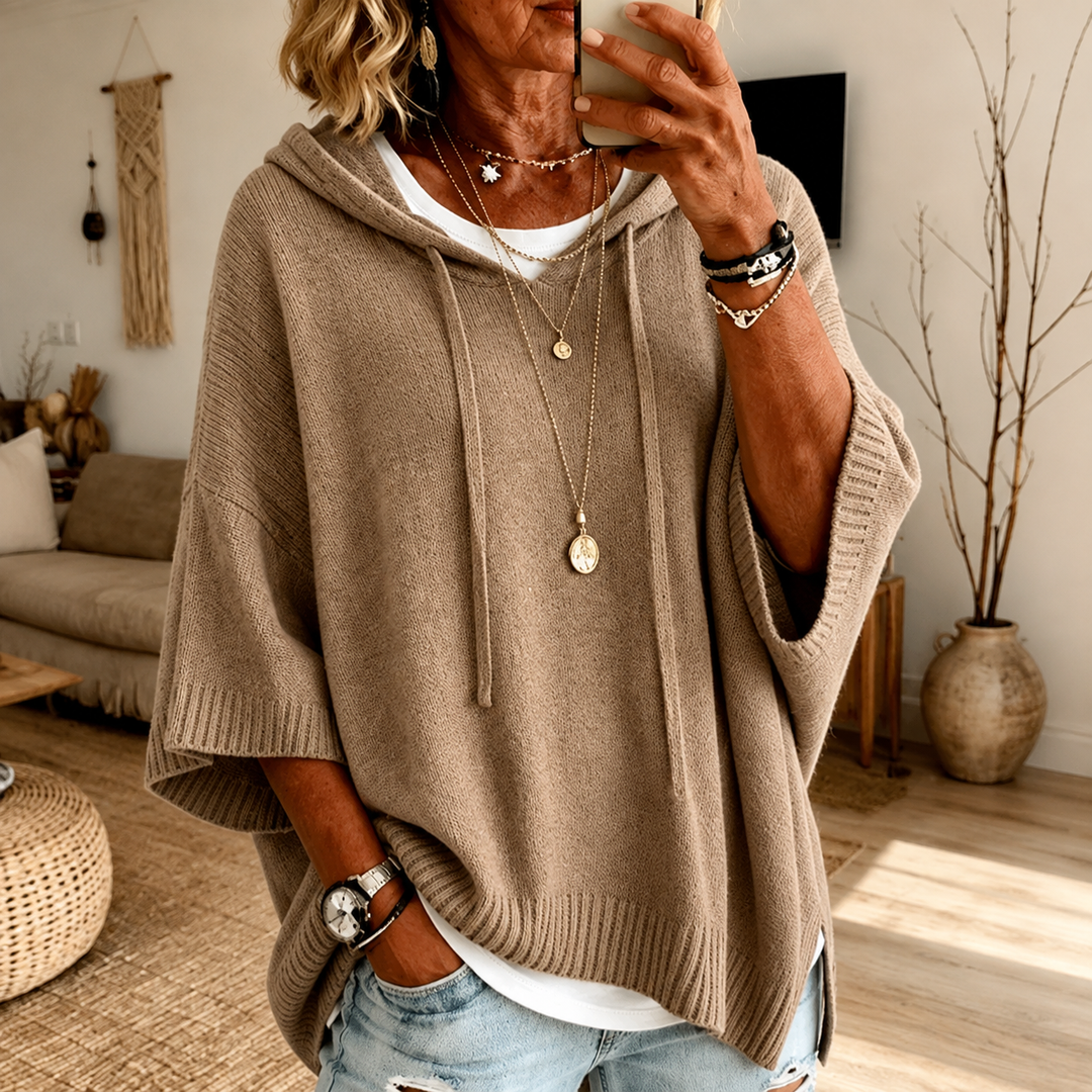 Greta | Poncho-pull pour femme avec capuche et cordon de serrage