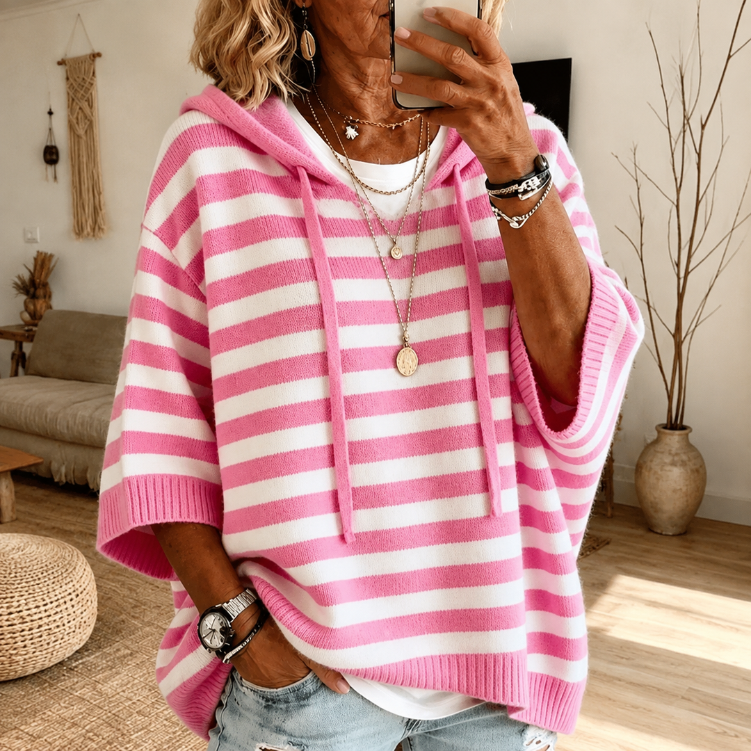 Damen Kapuzen-Poncho-Pullover mit Streifenmuster und Kordelzug