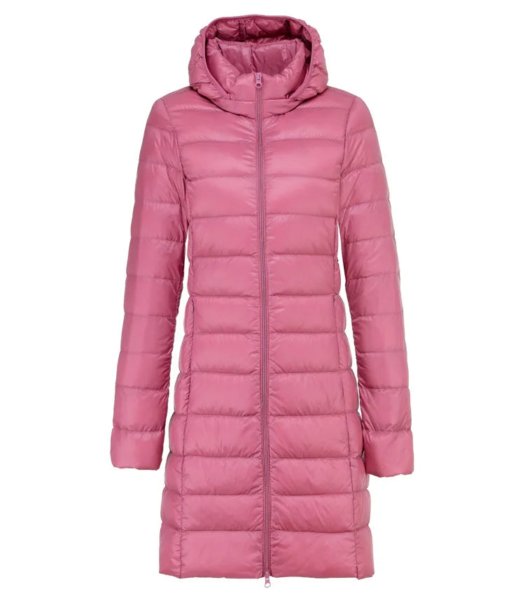 Sarah | Ultraleichte Lange Jacke für Damen mit Kapuze und langen Ärmeln