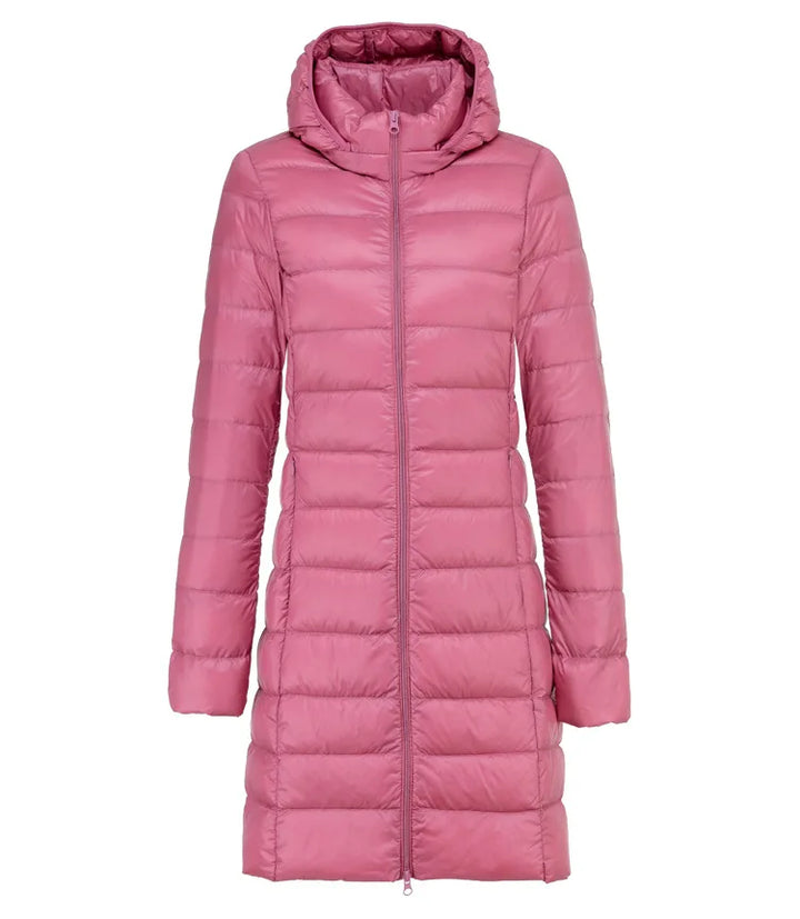 Sarah | Ultraleichte Lange Jacke für Damen mit Kapuze und langen Ärmeln
