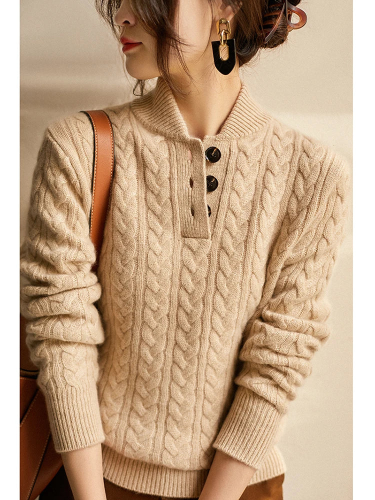 Arden Pullover für Damen mit Knopfleiste, Rundhalsausschnitt und Stehkragen