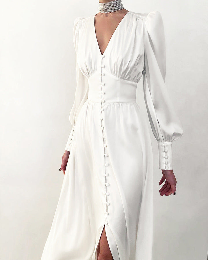 Hannah | Damen-Midikleid mit V-Ausschnitt und Knopfleiste