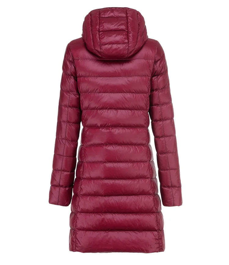 Sarah | Ultraleichte Lange Jacke für Damen mit Kapuze und langen Ärmeln