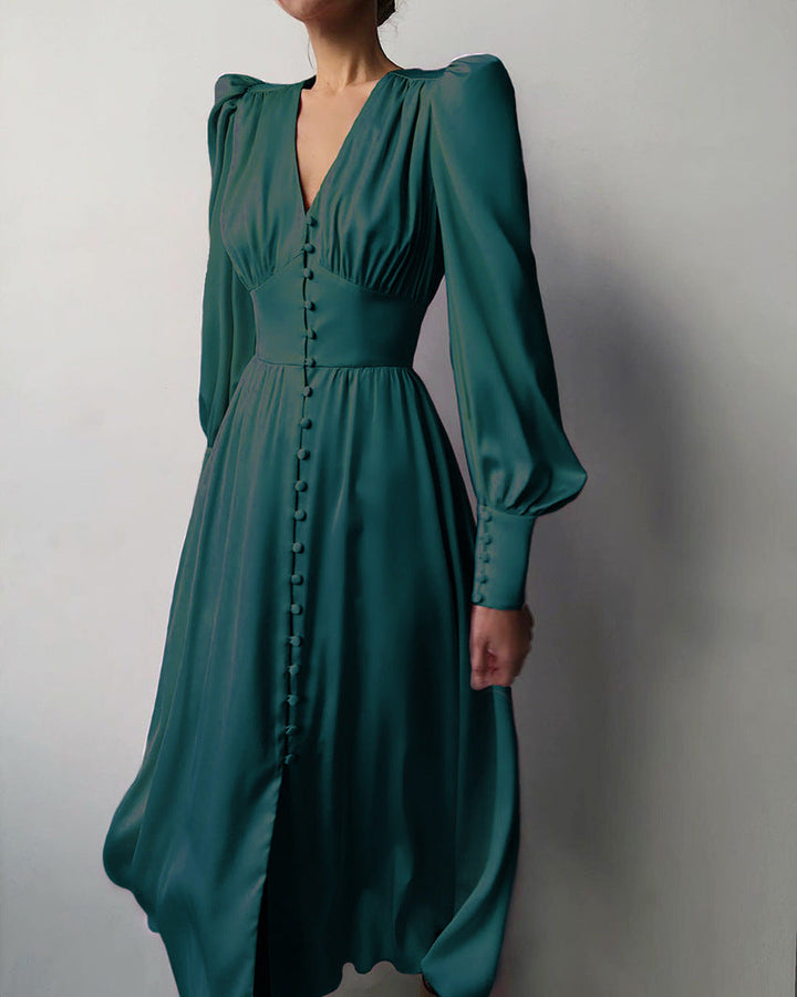 Hannah | Damen-Midikleid mit V-Ausschnitt und Knopfleiste