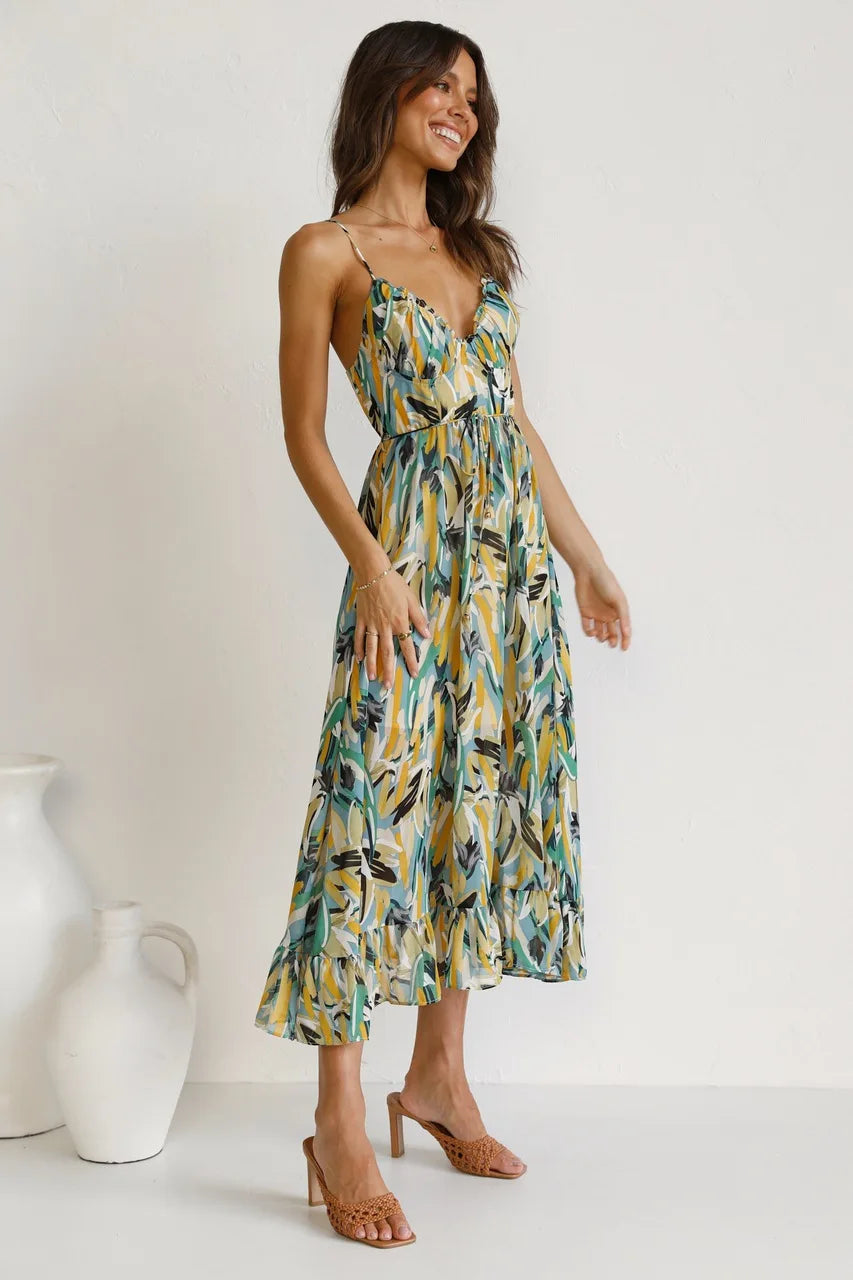 Lily | Elegantes Midikleid für Damen mit V-Ausschnitt und Spaghettiträgern