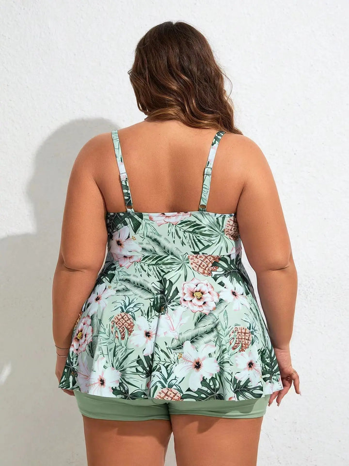 Sophia | Damen-Badekleid in Übergröße mit tropischem Blumenmuster und passenden Shorts