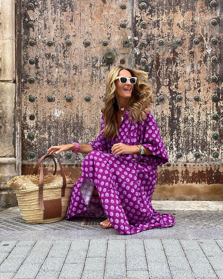 Fleur | Bohemian Maxi Kleid für Damen mit V-Ausschnitt und kurzen Ärmeln