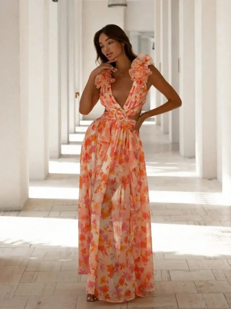 Aurora | Elegantes Rückenfreies Rüschens Maxikleid für Damen