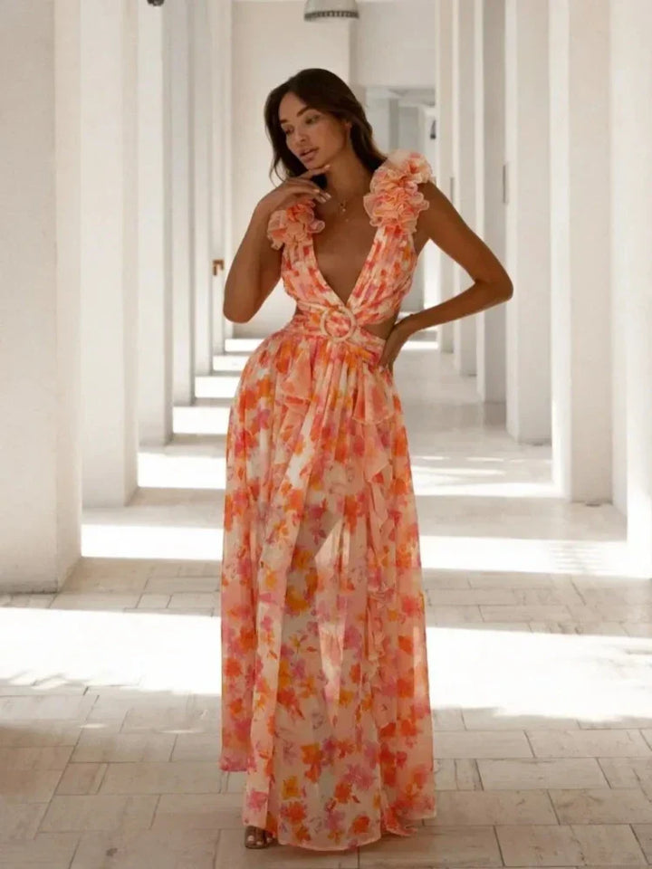 Aurora | Elegantes Rückenfreies Rüschens Maxikleid für Damen