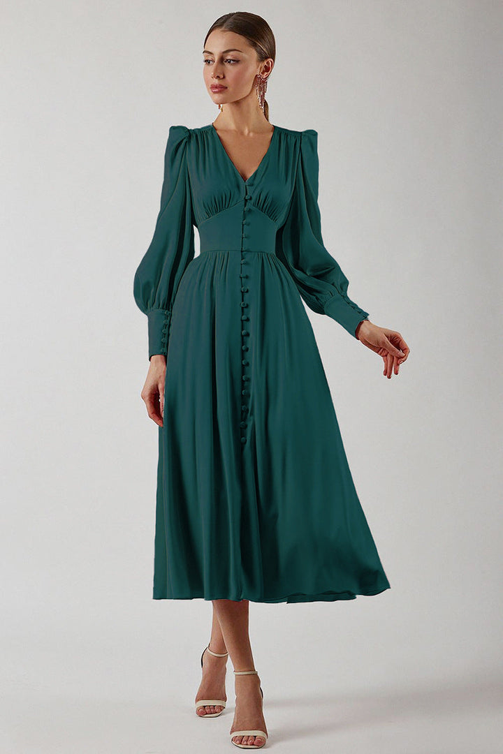 Hannah | Damen-Midikleid mit V-Ausschnitt und Knopfleiste
