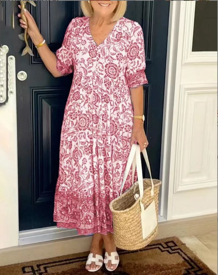 CATHY | Elegantes Blumenmusterkleid für Damen mit V-Ausschnitt