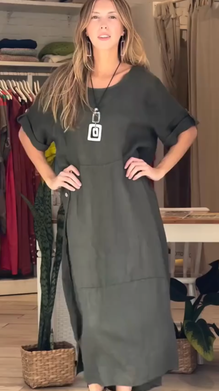 Chiara | Midi-Kleid für Damen mit Rundhalsausschnitt und kurzen Ärmeln