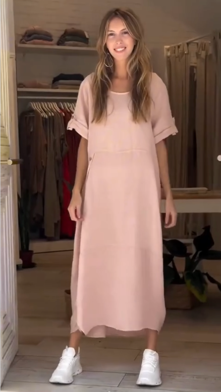 Chiara | Midi-Kleid für Damen mit Rundhalsausschnitt und kurzen Ärmeln