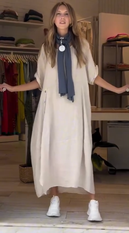 Chiara | Midi-Kleid für Damen mit Rundhalsausschnitt und kurzen Ärmeln