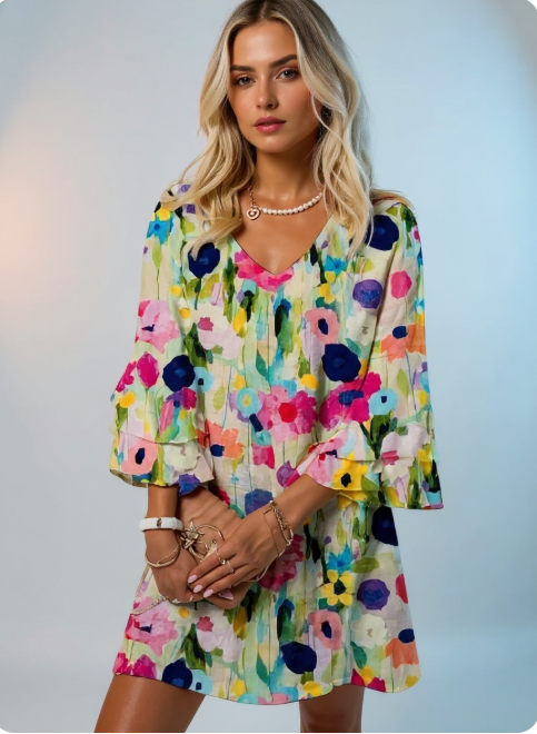Mia | Schickes Mini-Kleid für Damen mit Blumenmuster und V-Ausschnitt