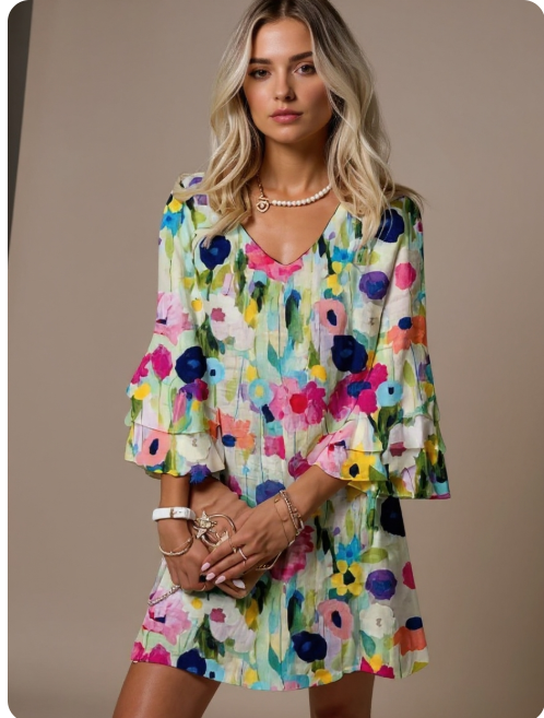 Mia | Schickes Mini-Kleid für Damen mit Blumenmuster und V-Ausschnitt