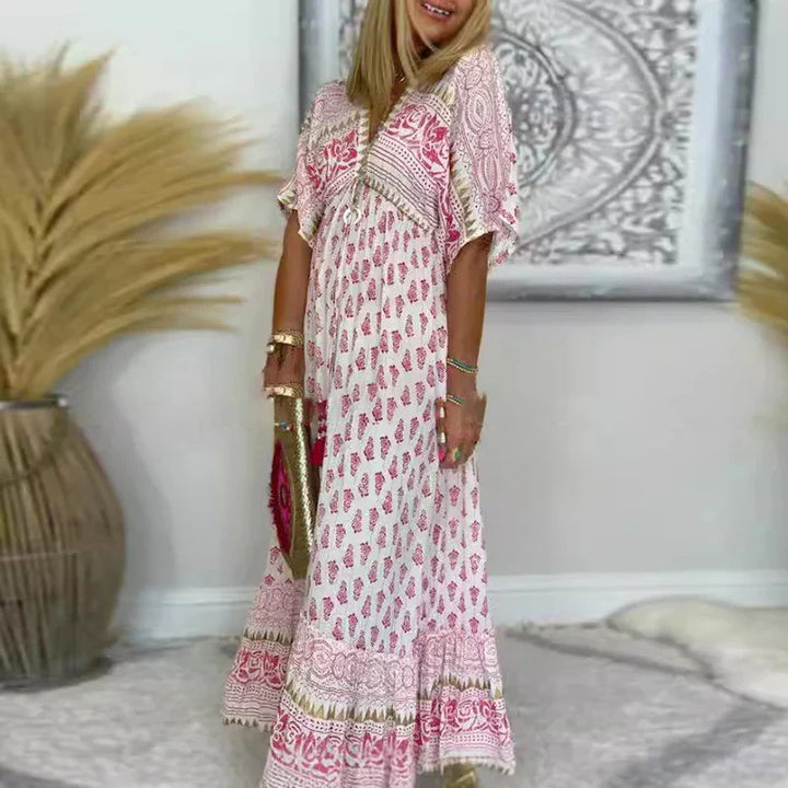 Damen Kurzarm-Maxikleid mit V-Ausschnitt