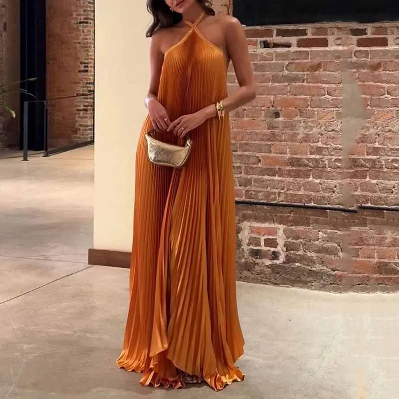 Mira | Schickes Plissiertes Maxikleid für Damen mit Halterneck