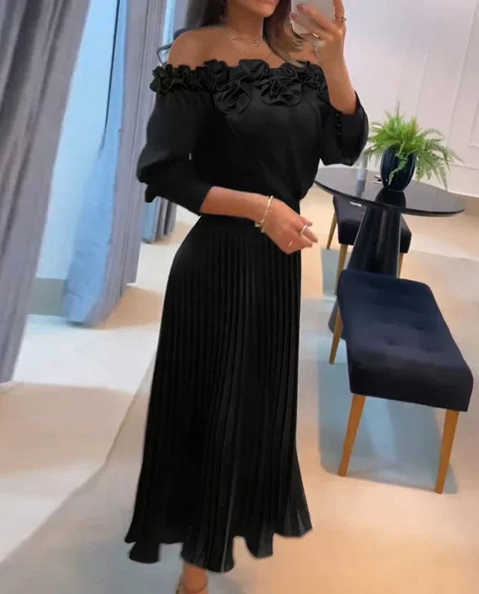 Carina | Atemhaftes schulterfrei Maxikleid für Damen mit 3/4-Ärmeln
