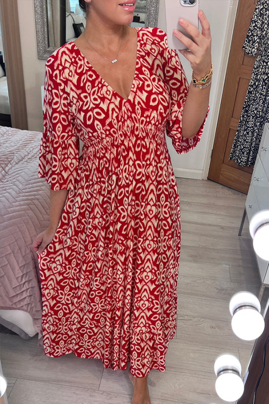 Bohemian Midi-Kleid von Selene für Damen mit Blumenmuster und V-Ausschnitt