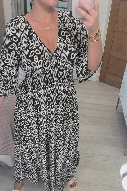 Bohemian Midi-Kleid von Selene für Damen mit Blumenmuster und V-Ausschnitt