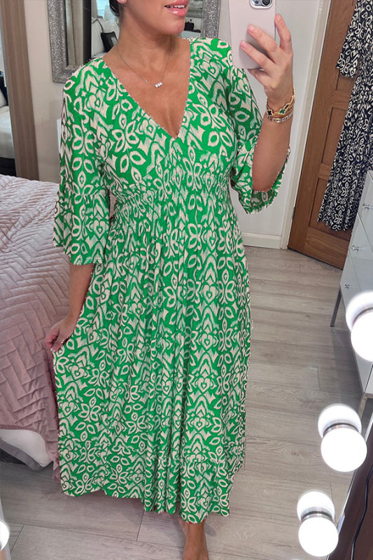 Bohemian Midi-Kleid von Selene für Damen mit Blumenmuster und V-Ausschnitt