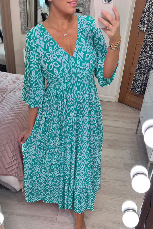 Bohemian Midi-Kleid von Selene für Damen mit Blumenmuster und V-Ausschnitt